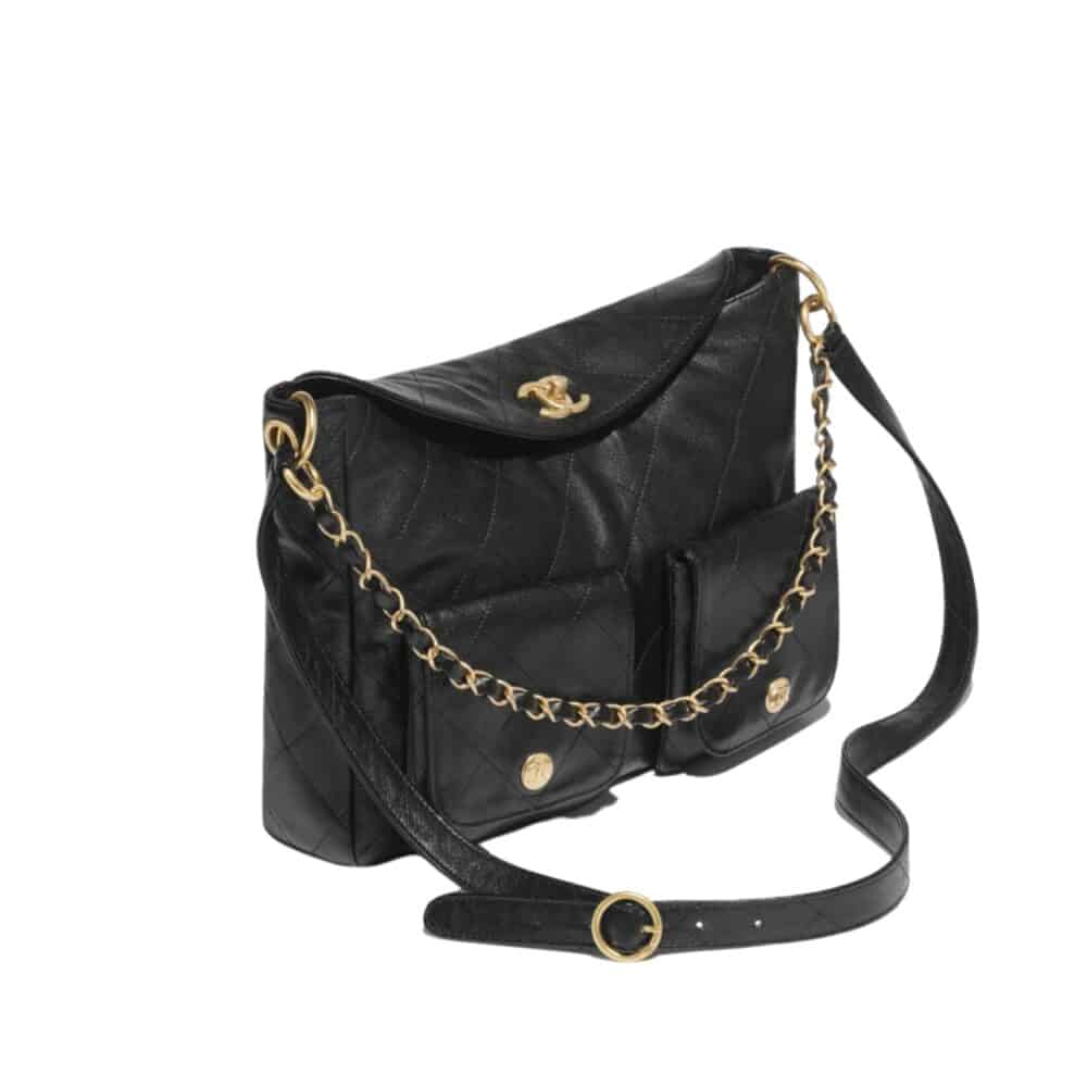 CHANEL HOBO BAG GLOSSY CALFSKIN BLACK 25CM AS4668 B15543 94305