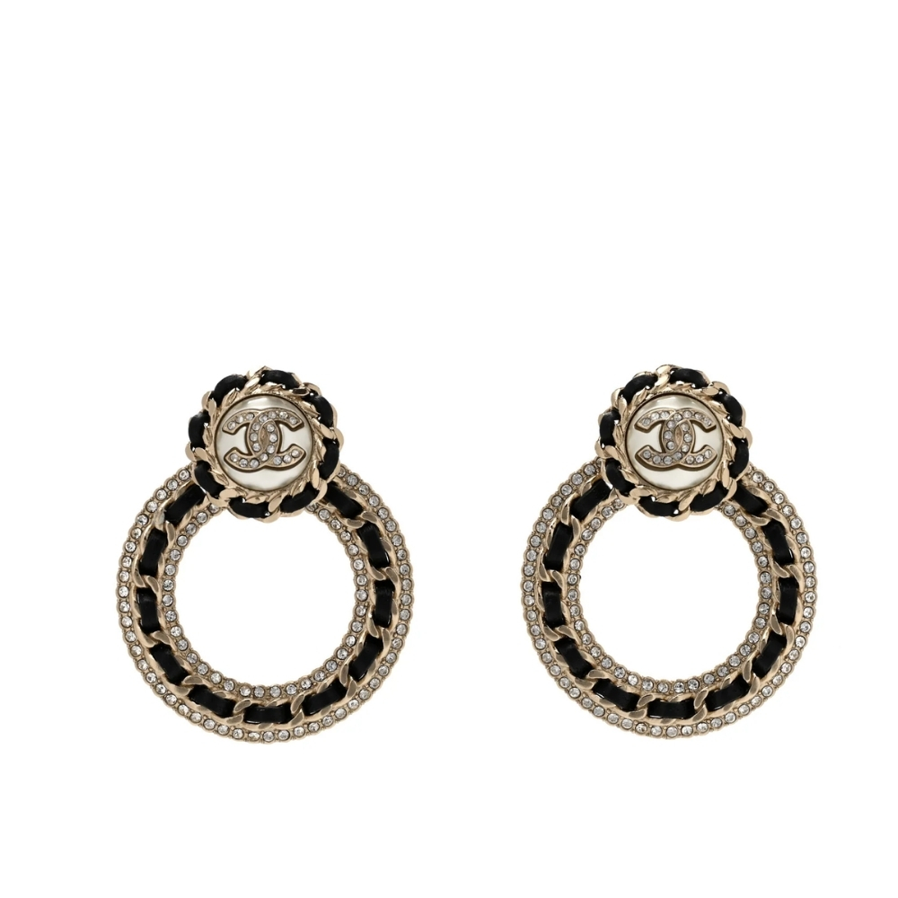 CHANEL CRYSTAL PEARL CC CHAIN HOOP DROP EARRINGS GOLD BLACK