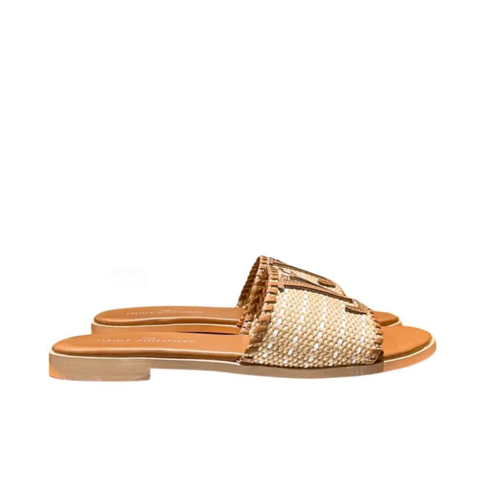 LOUIS VUITTON LOCK IT FLAT RAFFIA MULES BROWN