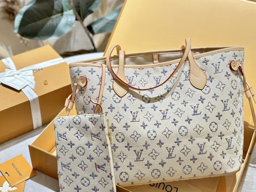 LOUIS VUITTON NEVERFULL MM MONOGRAM JACQUARD FABRIC MULTICOLOR BEIGE 32CM M24905 - Image 3