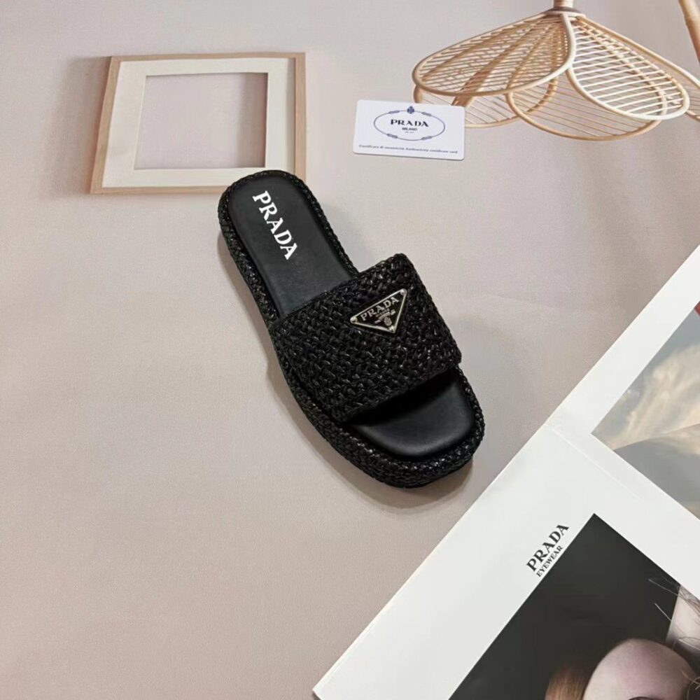 PRADA NATURAL CROCHET PLATFORM SLIDES BLACK - Image 3