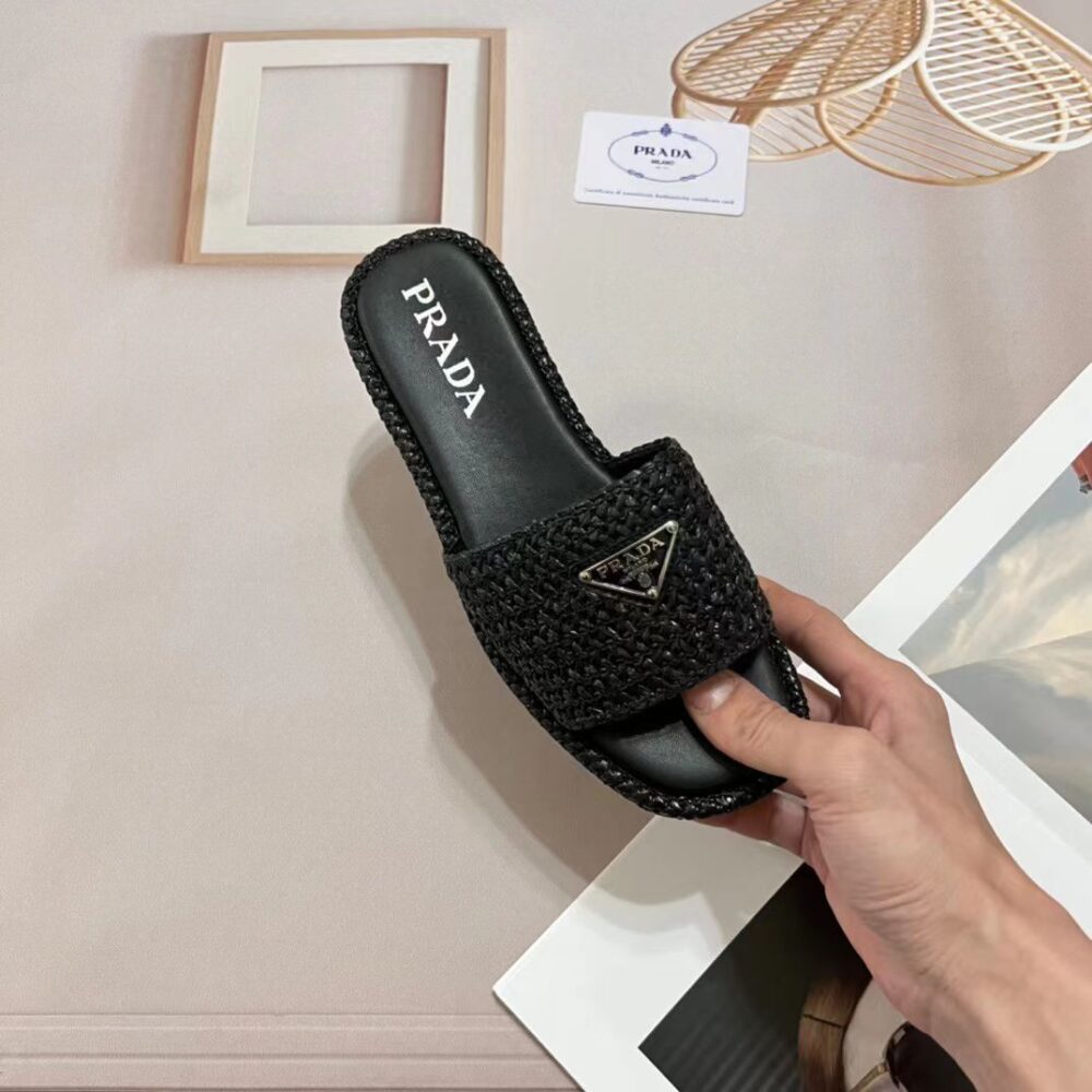 PRADA NATURAL CROCHET PLATFORM SLIDES BLACK - Image 4