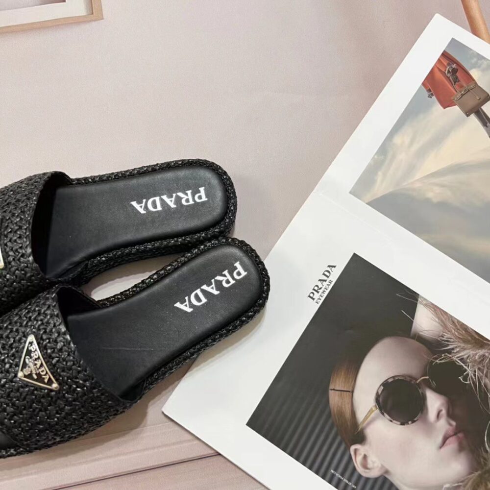 PRADA NATURAL CROCHET PLATFORM SLIDES BLACK - Image 7
