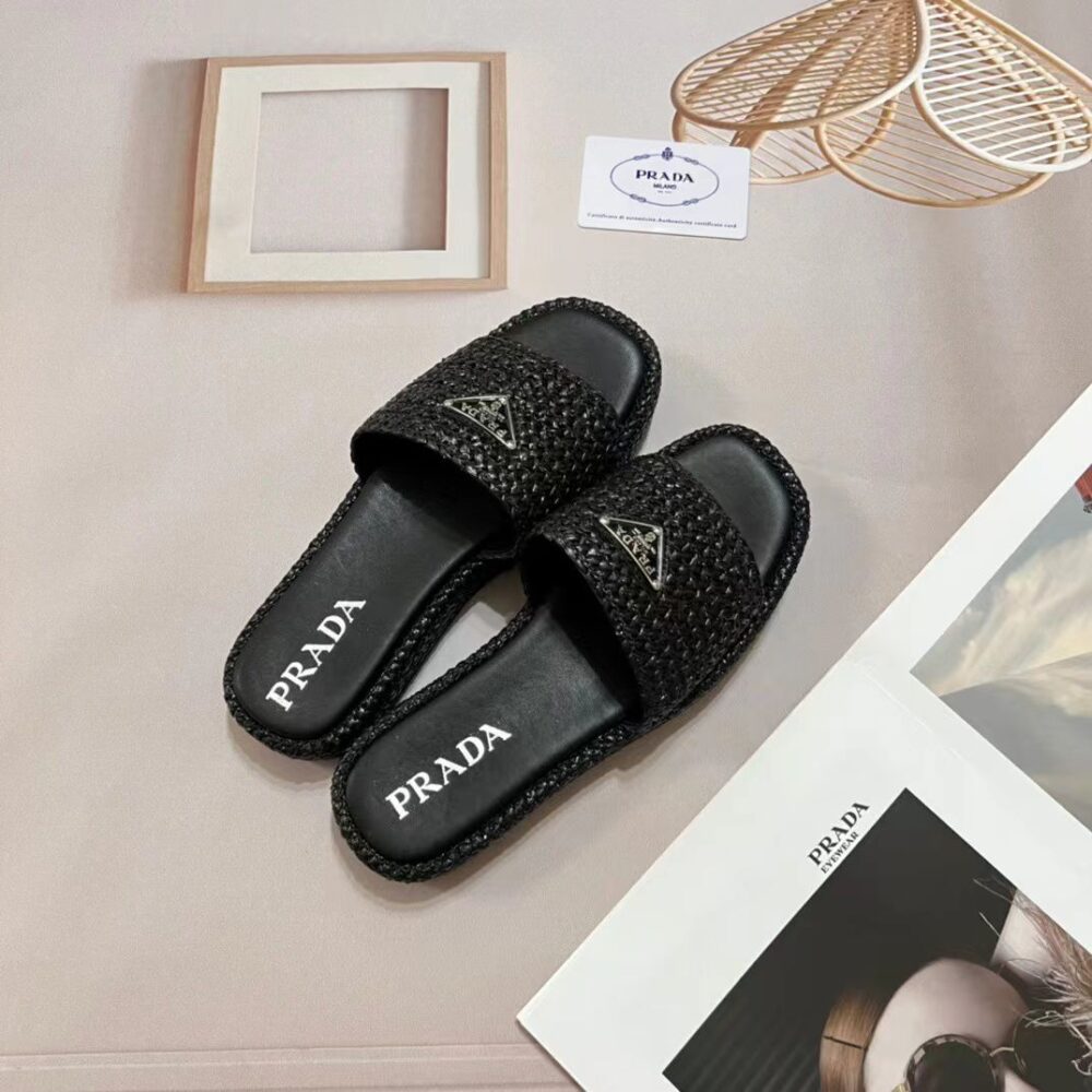 PRADA NATURAL CROCHET PLATFORM SLIDES BLACK - Image 8