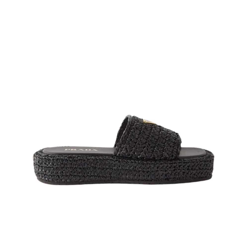 PRADA NATURAL CROCHET PLATFORM SLIDES BLACK
