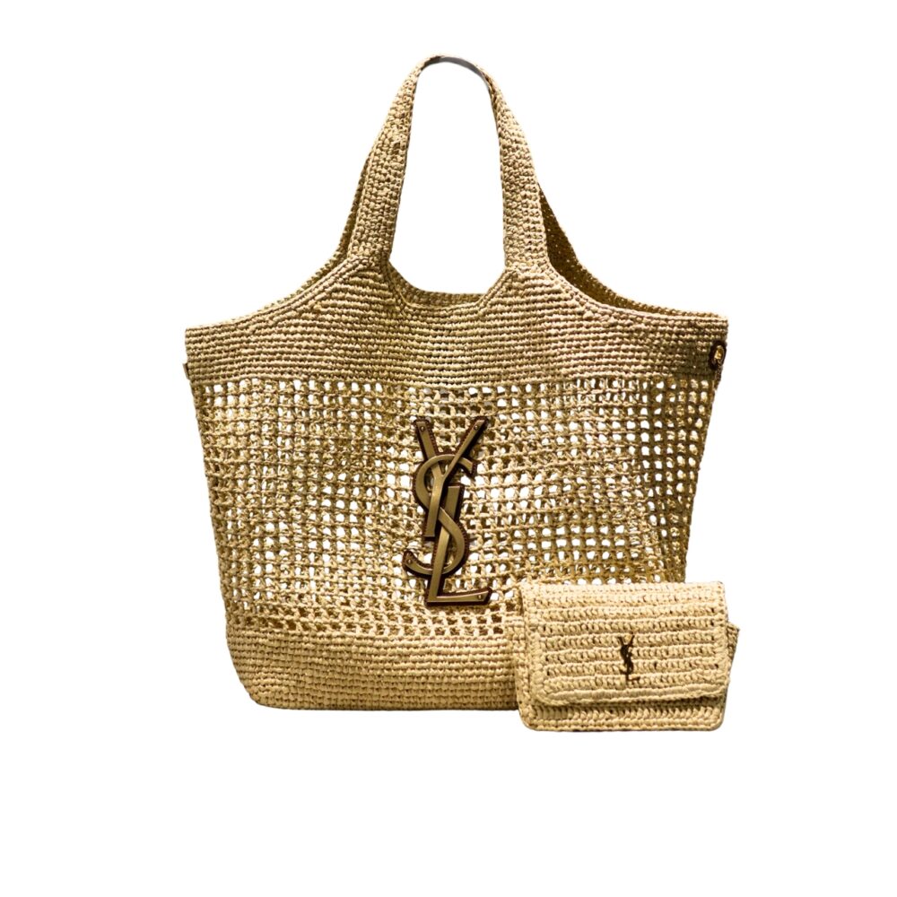 SAINT LAURENT RAFFIA ICARE TOTE BAG NATUREL AND BROWN GOLD 45CM 772191GAAEK2063