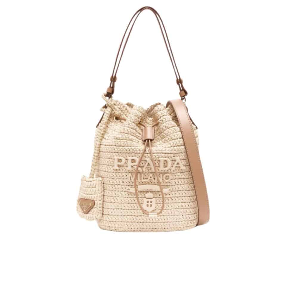 PRADA CROCHET AND LEATHER BUCKET BAG NATURAL 24CM 1BE068 2M2T F0018 V OUO