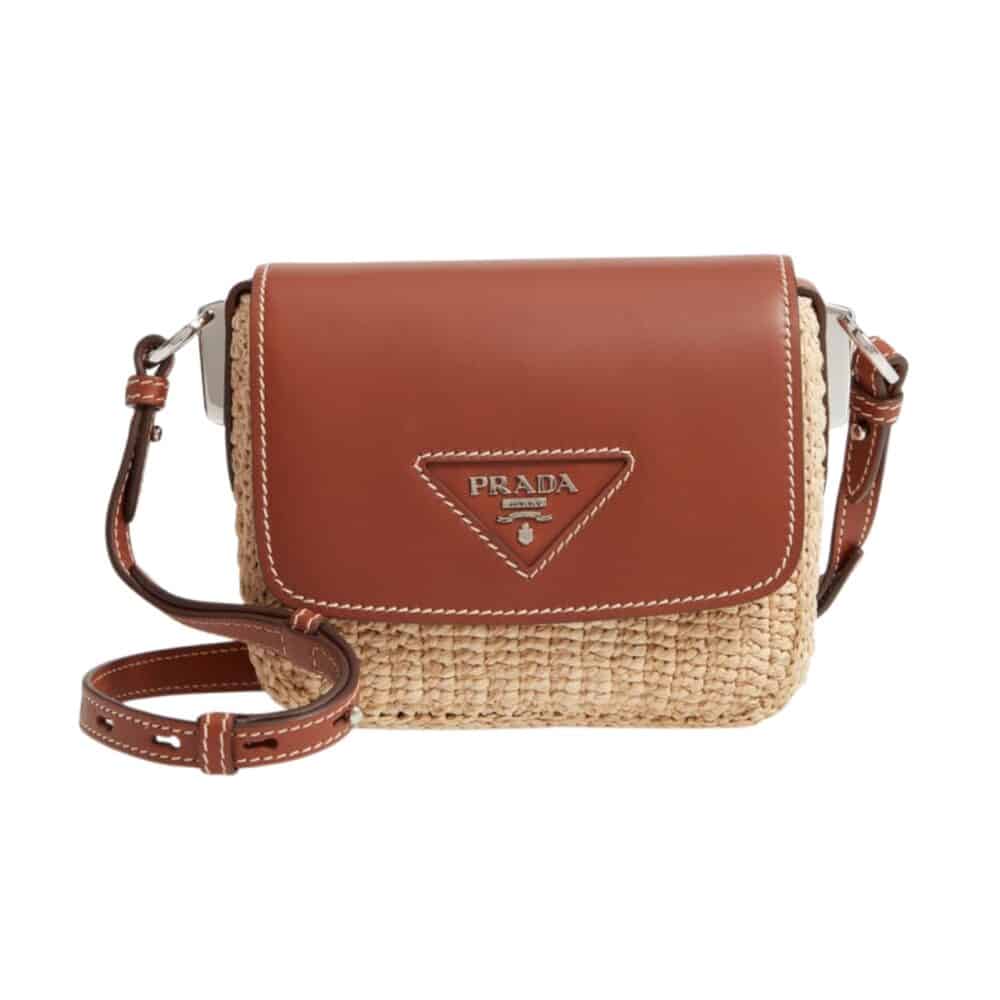 PRADA RAFFIA AND LEATHER CROSSBODY BAG NATURALE BROWN 20CM