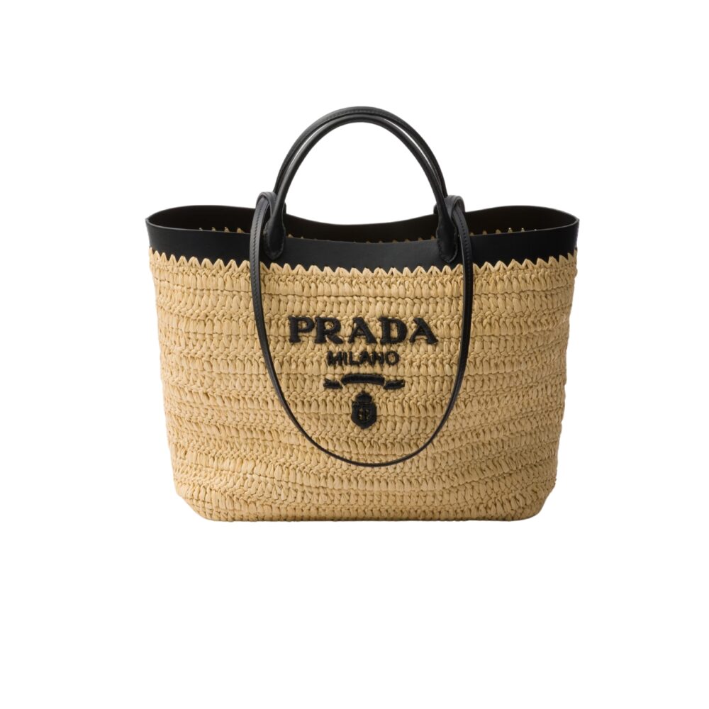 PRADA CROCHET AND LEATHER TOTE BAG TAN AND BLACK 33CM 1BG499 2M2Q F0I55 V GOO