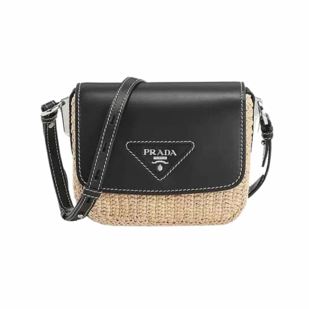PRADA RAFFIA AND LEATHER CROSSBODY BAG NATURALE BLACK 20CM