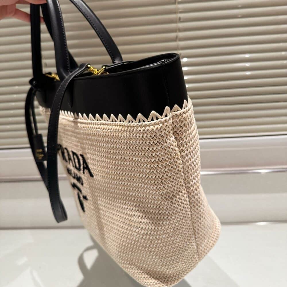 PRADA CROCHET AND LEATHER TOTE BAG TAN AND BLACK 33CM 1BG499 2M2Q F0I55 V GOO - Image 5