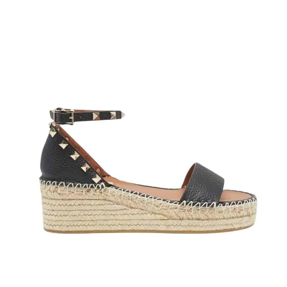 VALENTINO GARAVANI ROCKSTUD CALFSKIN FLATFORM ESPADRILLE SANDALS