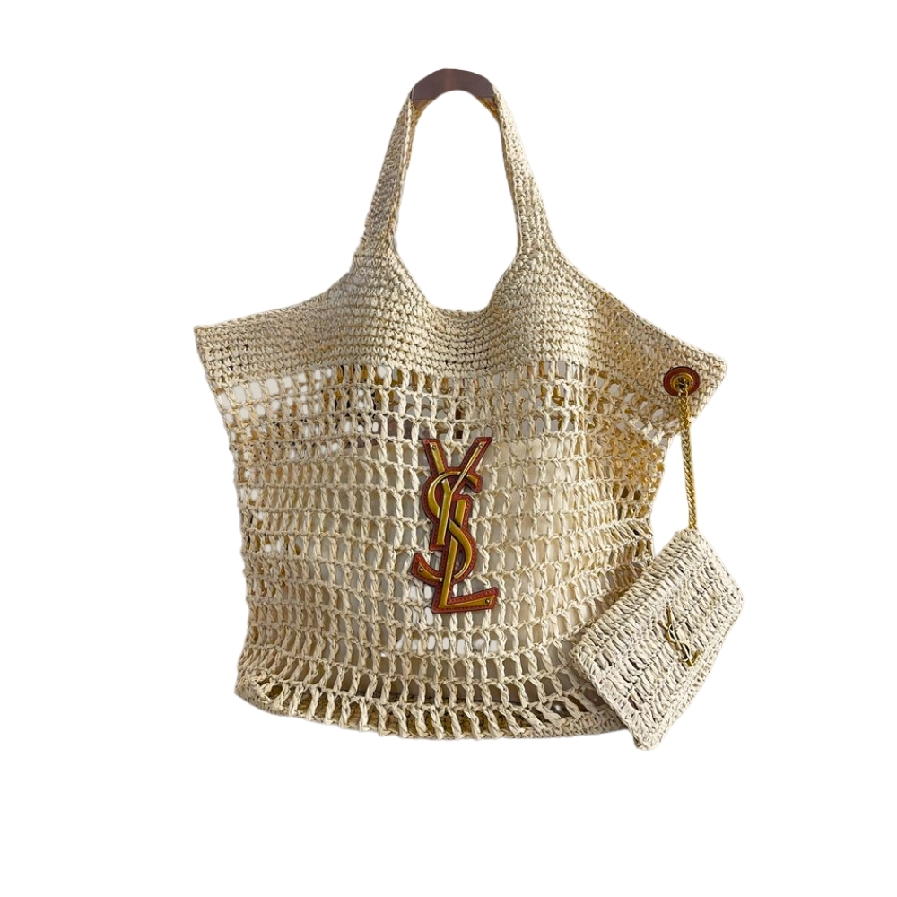 SAINT LAURENT RAFFIA ICARE TOTE BAG NATUREL AND BROWN GOLD 45CM 772191GAAEK2063