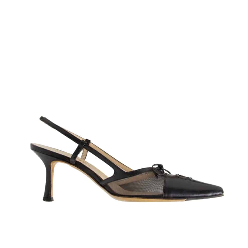 CHANEL CC LEATHER POINTY TOE PUMPS SLINGBACKS SANDALS BLACK