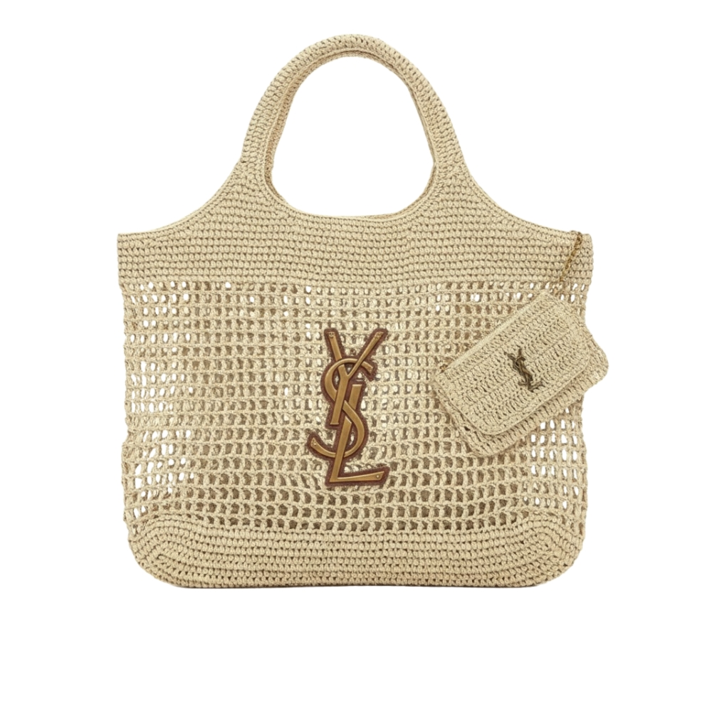 SAINT LAURENT RAFFIA ICARE TOTE BAG NATUREL AND BROWN GOLD 45CM 772191GAAEK2063