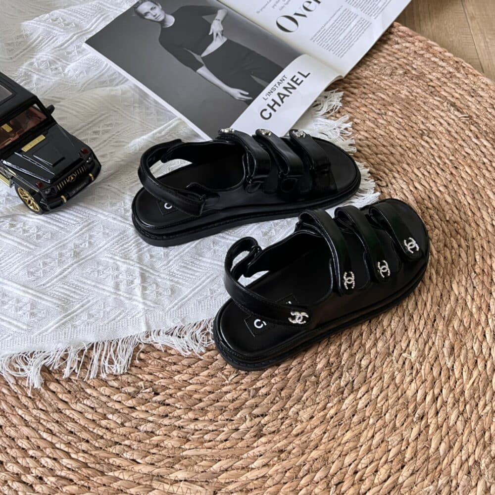 CHANEL TRIPLE VELCRO STRAP SANDALS BLACK G45628 B16403 94305 - Image 3