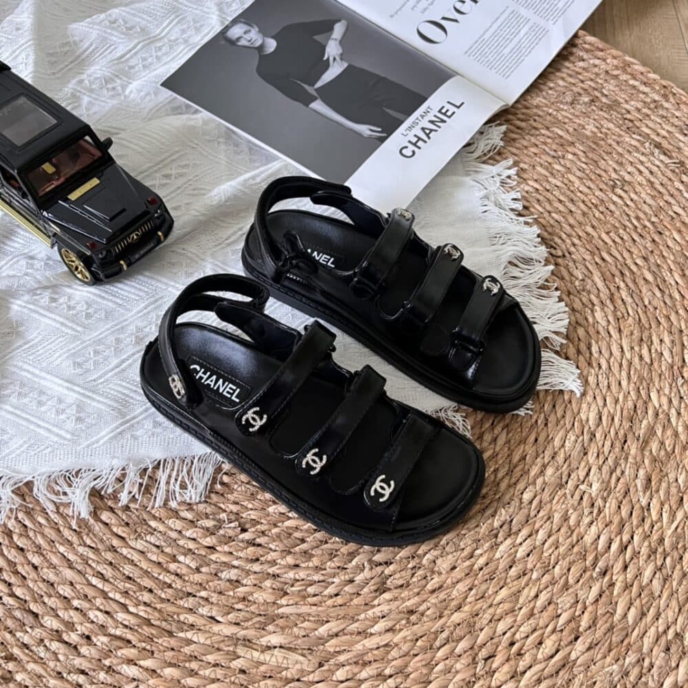 CHANEL TRIPLE VELCRO STRAP SANDALS BLACK G45628 B16403 94305 - Image 4