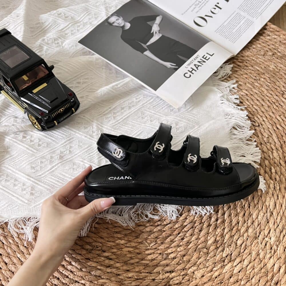 CHANEL TRIPLE VELCRO STRAP SANDALS BLACK G45628 B16403 94305 - Image 5