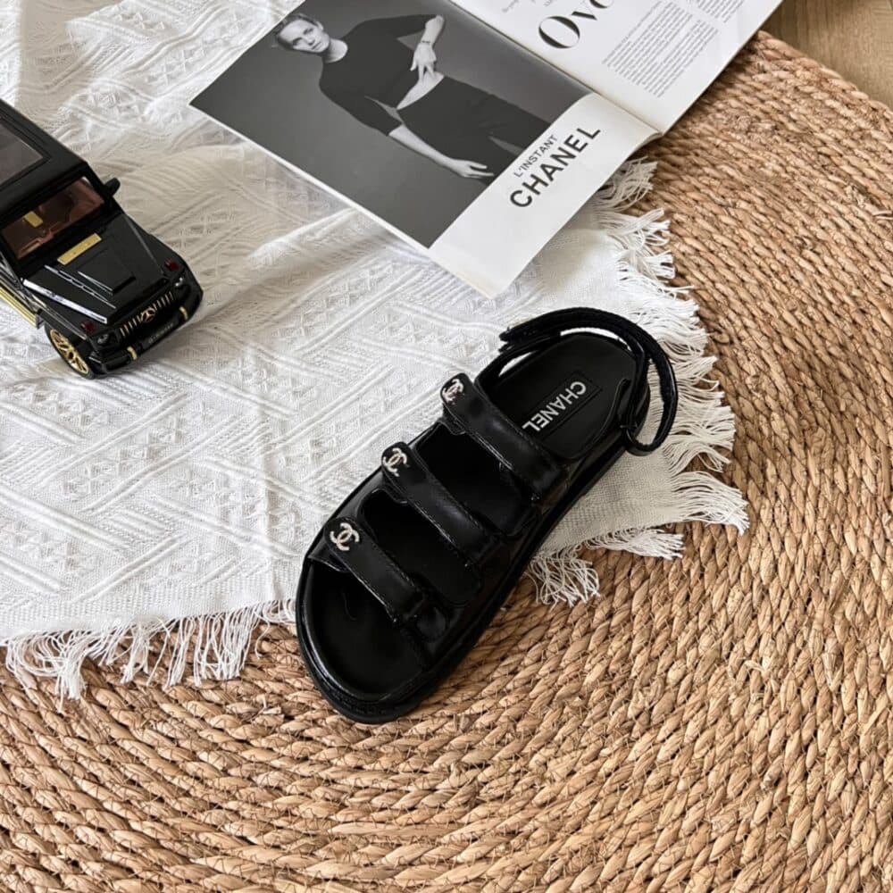 CHANEL TRIPLE VELCRO STRAP SANDALS BLACK G45628 B16403 94305 - Image 6