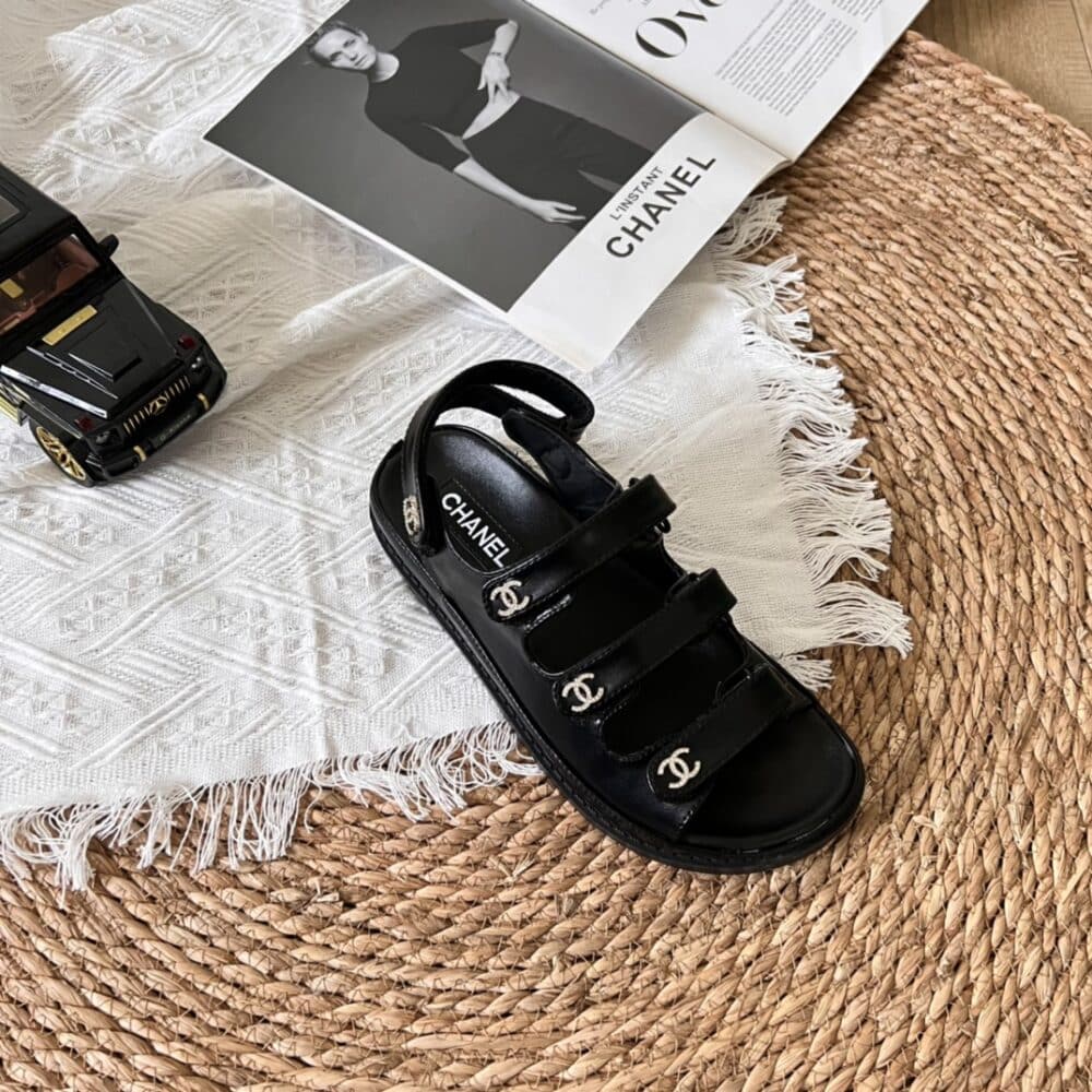 CHANEL TRIPLE VELCRO STRAP SANDALS BLACK G45628 B16403 94305 - Image 7
