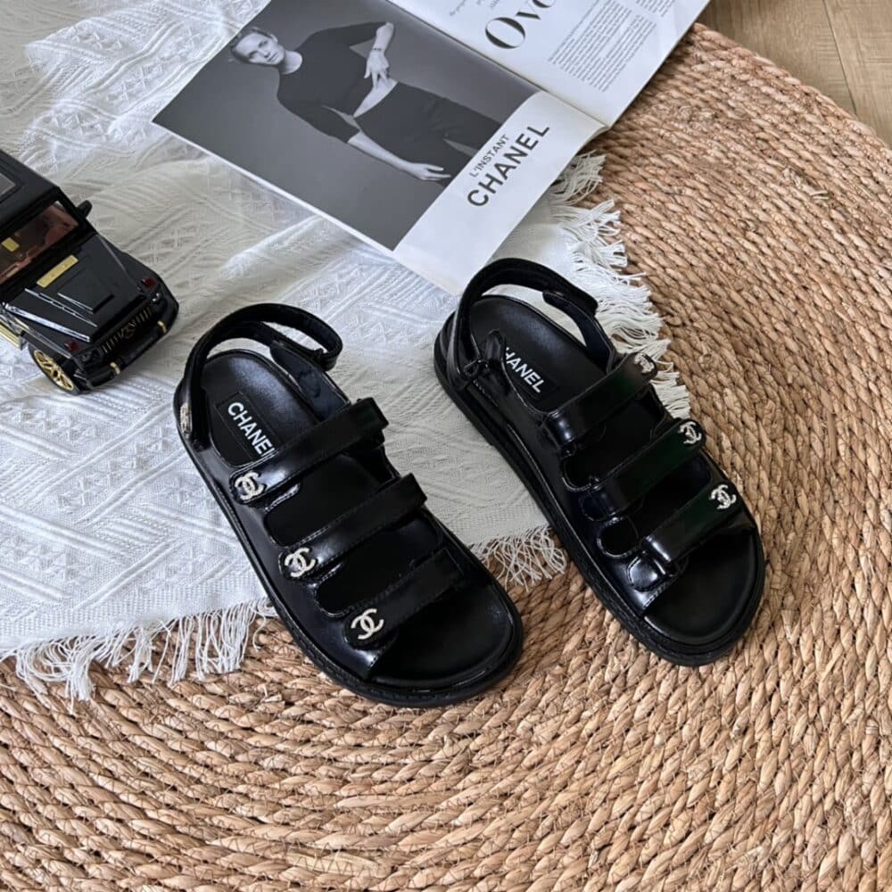 CHANEL TRIPLE VELCRO STRAP SANDALS BLACK G45628 B16403 94305 - Image 8