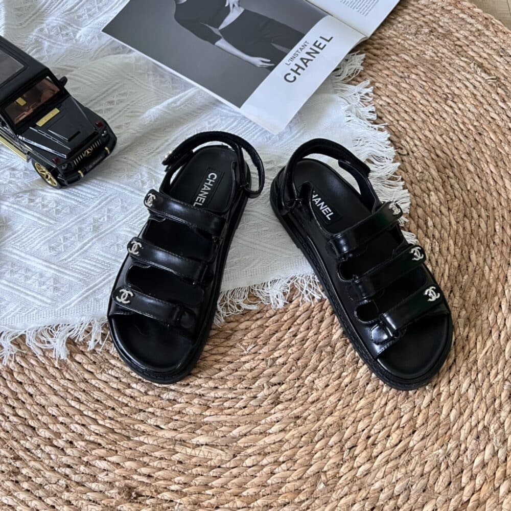 CHANEL TRIPLE VELCRO STRAP SANDALS BLACK G45628 B16403 94305 - Image 9