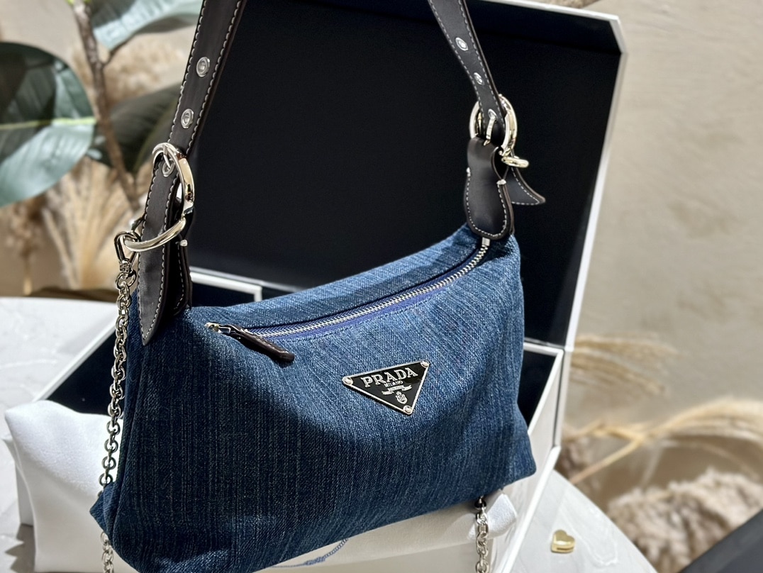 PRADA JEANS RING SHOULDER BAG DENIM BLUE 25CM - Image 6