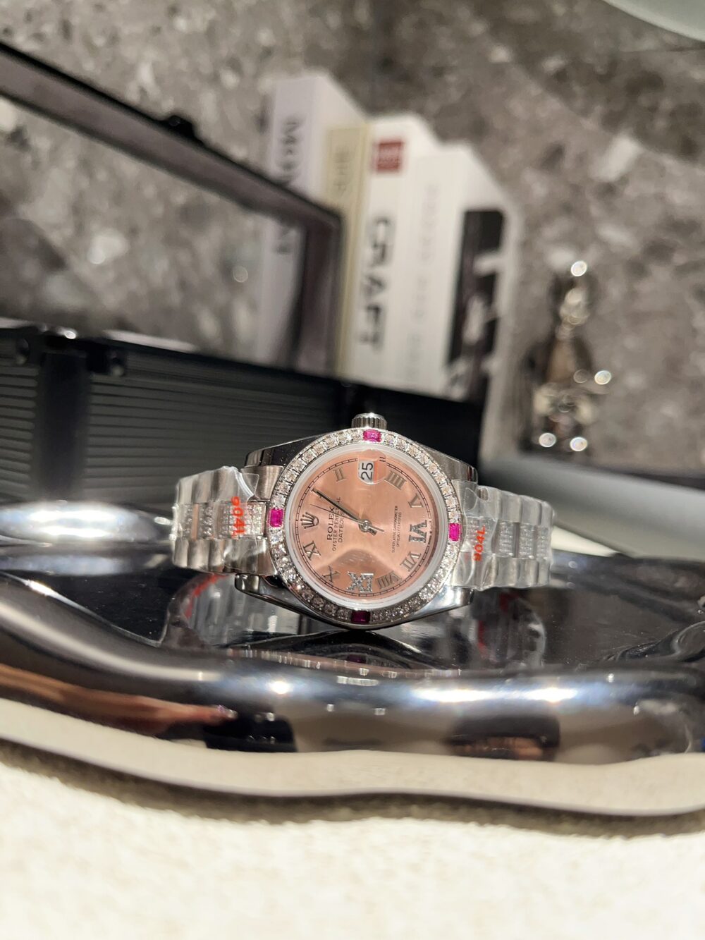 ROLEX LADY DATEJUST BRACELET WHITE GOLD DIAMOND BEZEL PINK ROMAN 31MM - Image 10