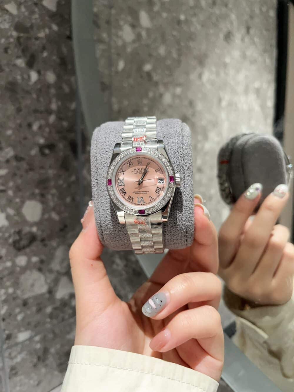 ROLEX LADY DATEJUST BRACELET WHITE GOLD DIAMOND BEZEL PINK ROMAN 31MM - Image 9