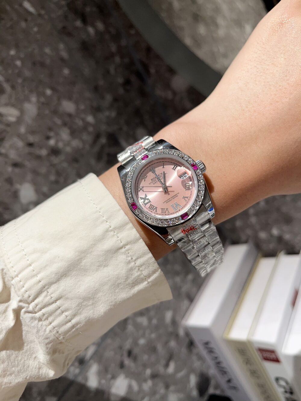 ROLEX LADY DATEJUST BRACELET WHITE GOLD DIAMOND BEZEL PINK ROMAN 31MM - Image 7
