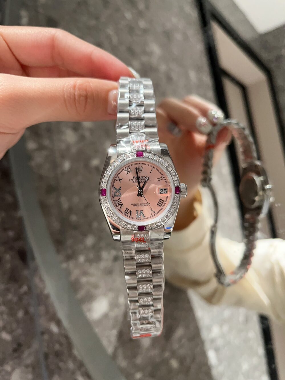 ROLEX LADY DATEJUST BRACELET WHITE GOLD DIAMOND BEZEL PINK ROMAN 31MM - Image 6