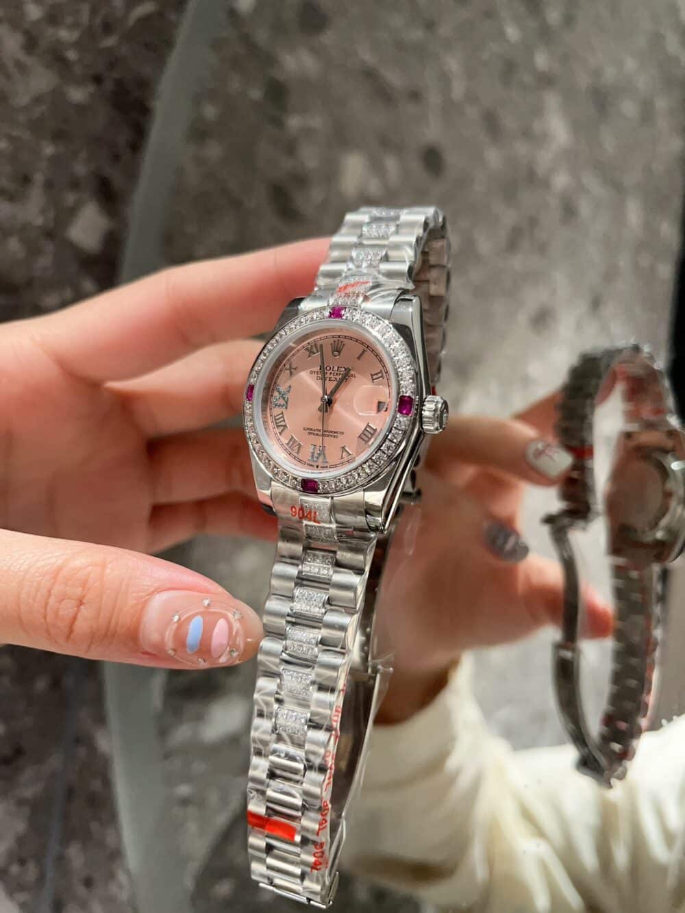 ROLEX LADY DATEJUST BRACELET WHITE GOLD DIAMOND BEZEL PINK ROMAN 31MM - Image 5