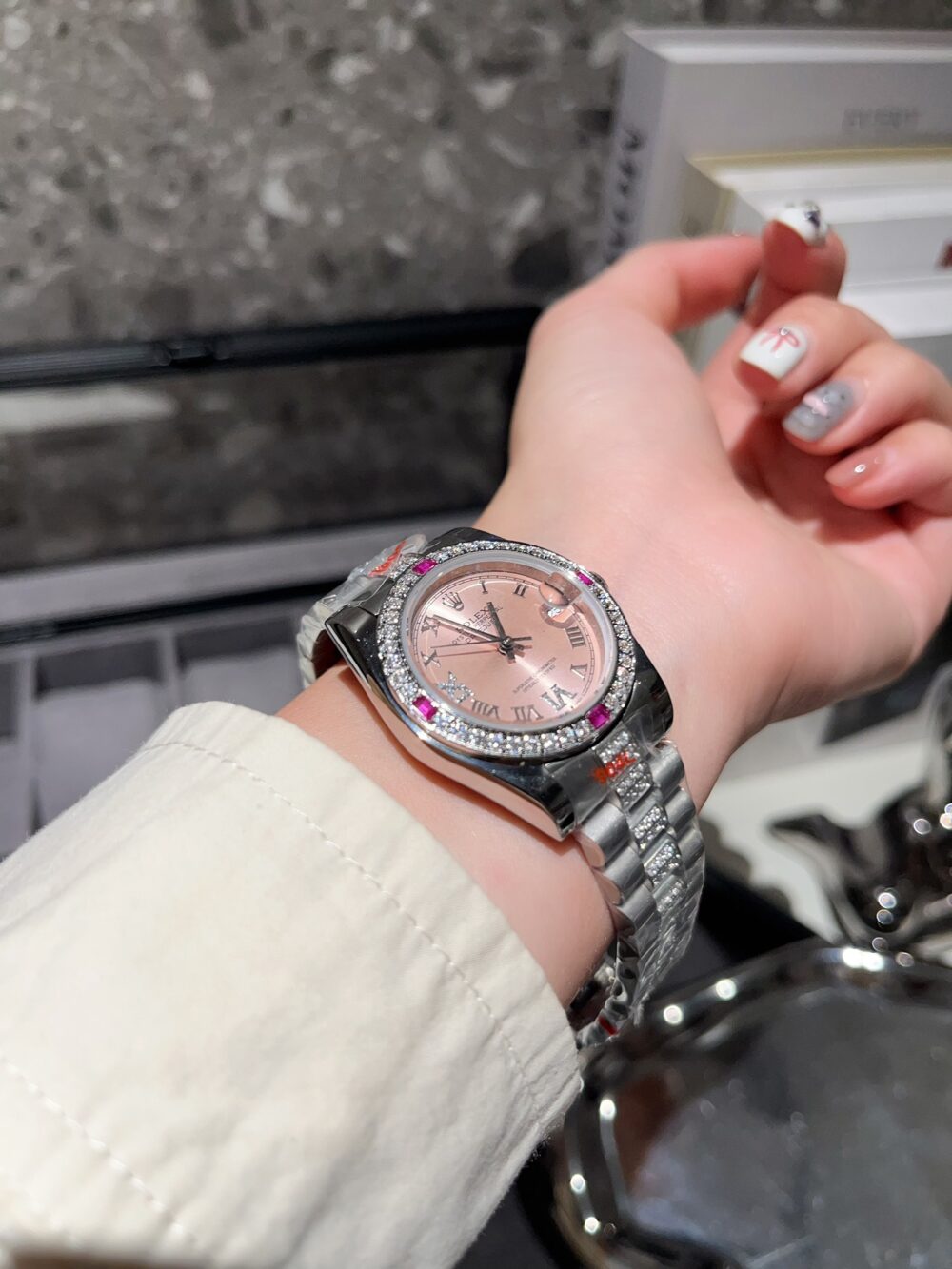 ROLEX LADY DATEJUST BRACELET WHITE GOLD DIAMOND BEZEL PINK ROMAN 31MM - Image 4