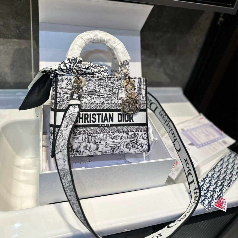 Alternative view of DIOR MEDIUM LADY D LITE BAG PARIS ALLOVER EMBROIDERY WHITE AND BLACK 24CM M0565OEGI M933