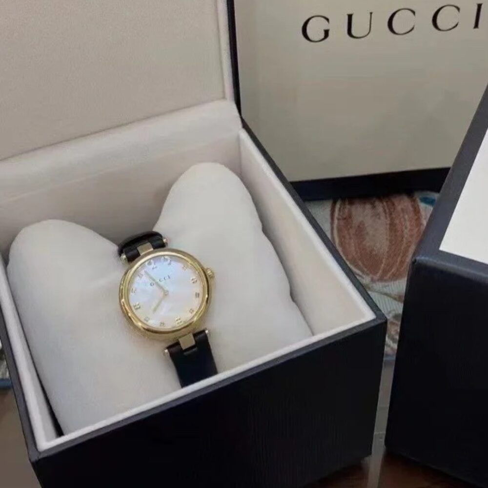 GUCCI DIAMANTISSIMA SWISS QUARTZ WITH BLACK STRAP AND GOLD TONE 27MM YA141404 - Image 3