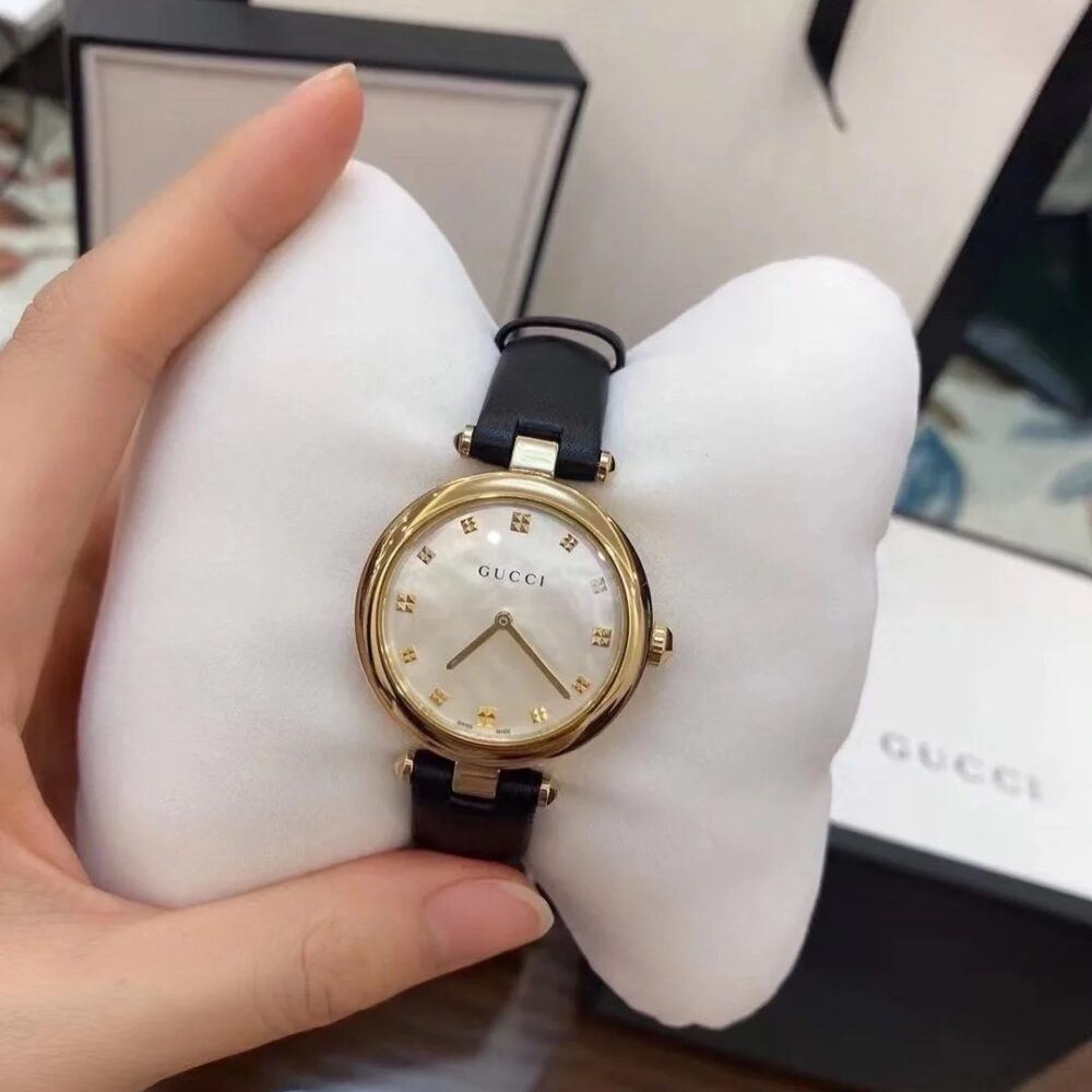 GUCCI DIAMANTISSIMA SWISS QUARTZ WITH BLACK STRAP AND GOLD TONE 27MM YA141404 - Image 6