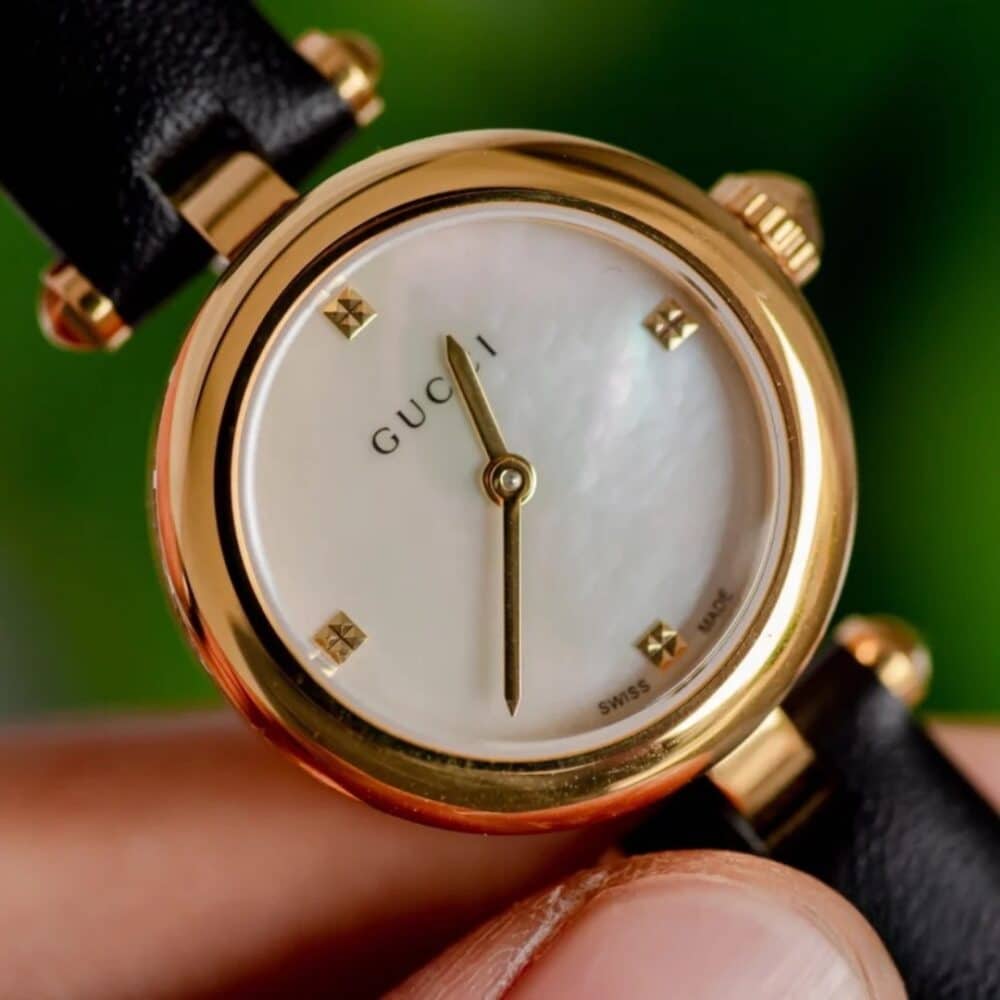GUCCI DIAMANTISSIMA STEEL WATCH WITH BLACK LEATHER STRAP 27MM YA141505 - Image 7