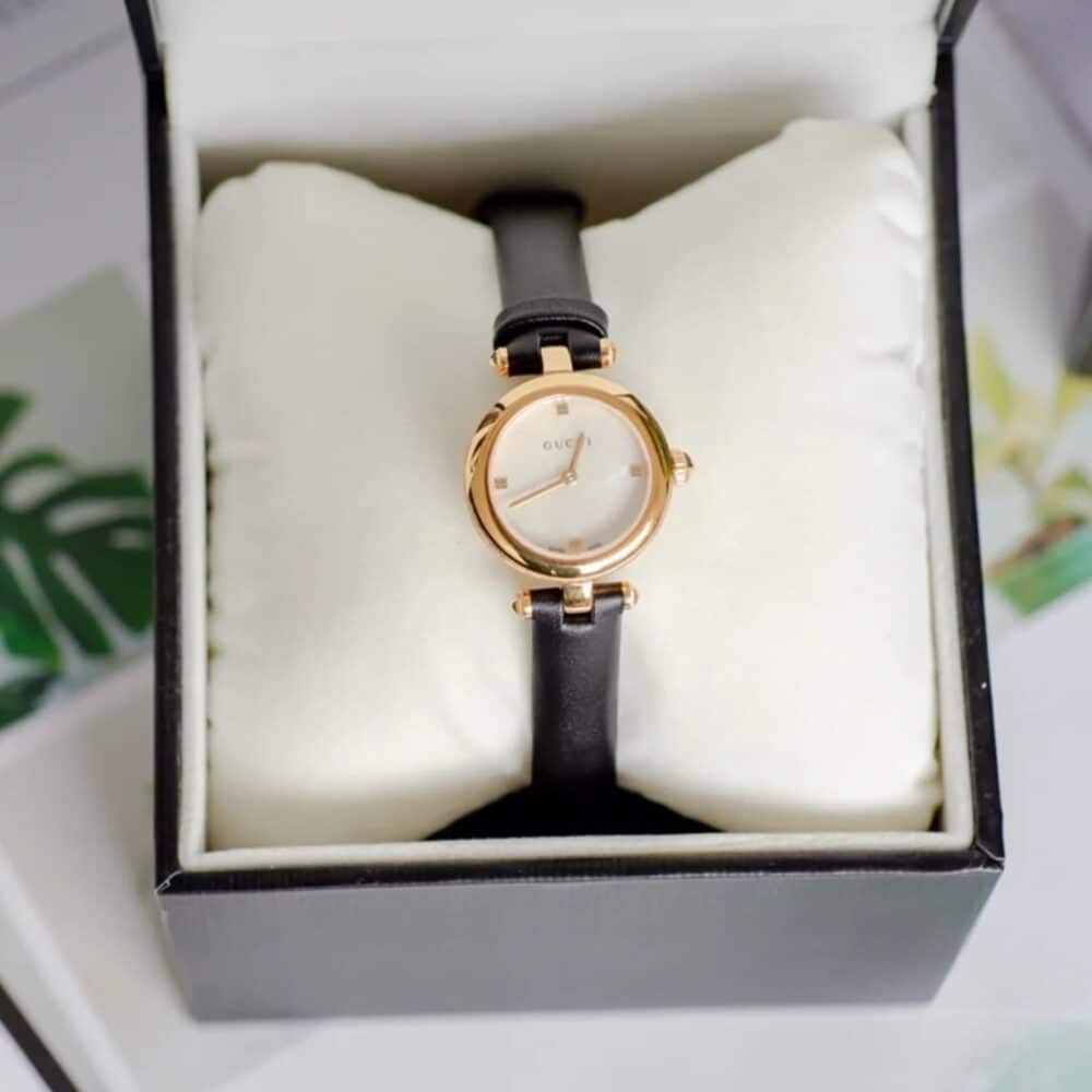 GUCCI DIAMANTISSIMA STEEL WATCH WITH BLACK LEATHER STRAP 27MM YA141505 - Image 8