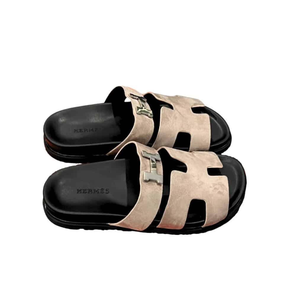 HERMES CHYPRE SANDAL SUEDE H LOGO SILVER HARDWARE LIGHT BROWN