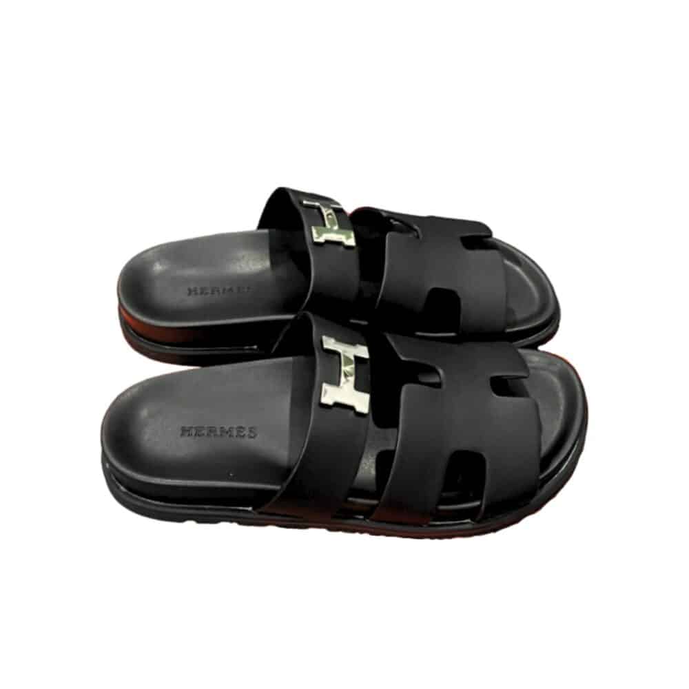 HERMES CHYPRE SANDAL H LOGO SILVER HARDWARE BLACK