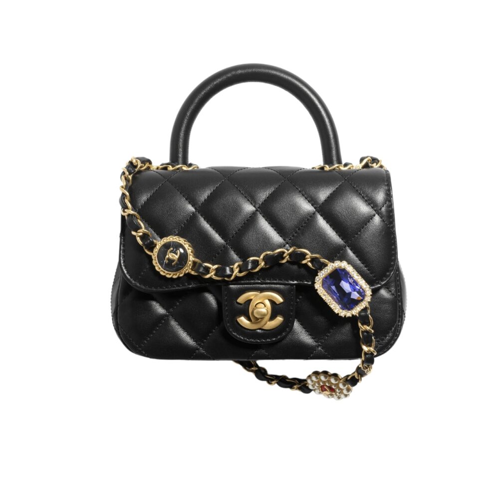 GUCCI MINI FLAP BAG WITH TOP HANDLE BIJOUX CHAIN BLACK 18CM AS4370 B16910 94305