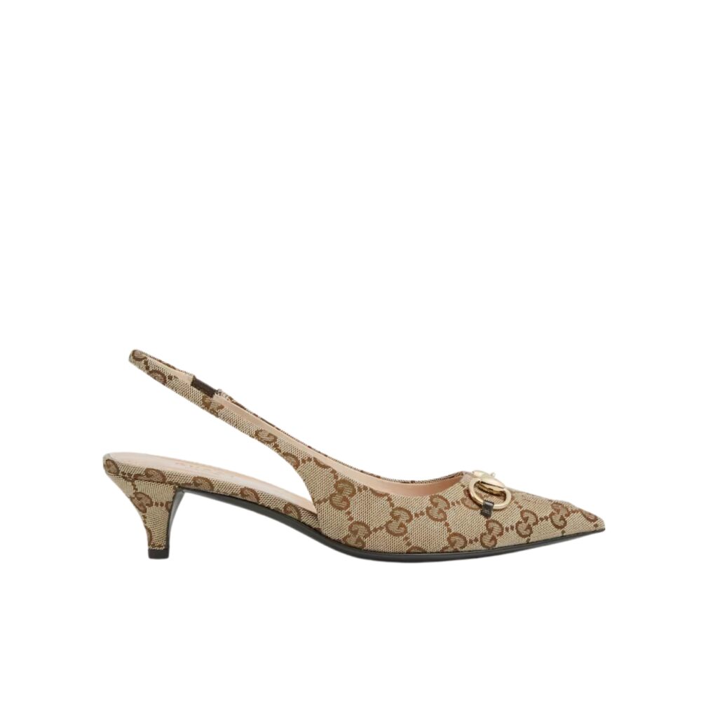 GUCCI WOMEN'S GG CANVAS SLINGBACK PUMP BEIGE AND EBONY ORIGINAL GG CANVAS 782627 2HK80 9763