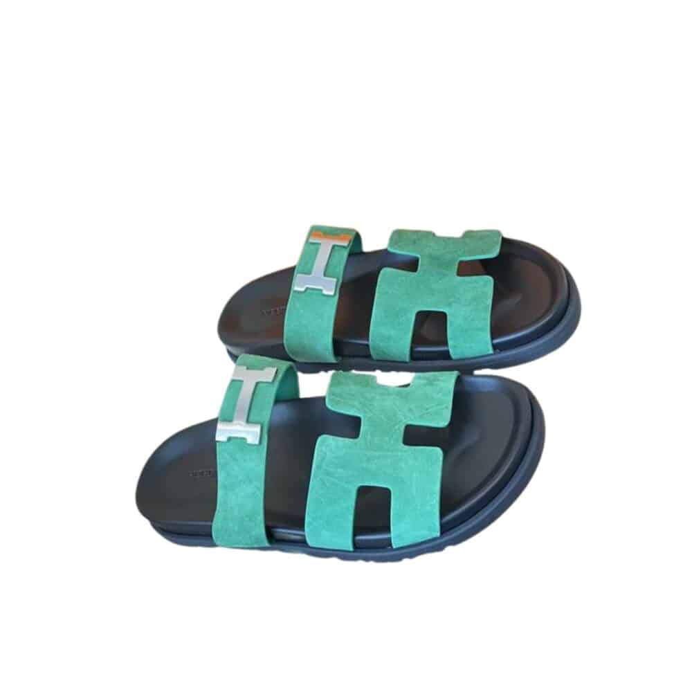 HERMES CHYPRE SANDAL SUEDE H LOGO SILVER HARDWARE GREEN