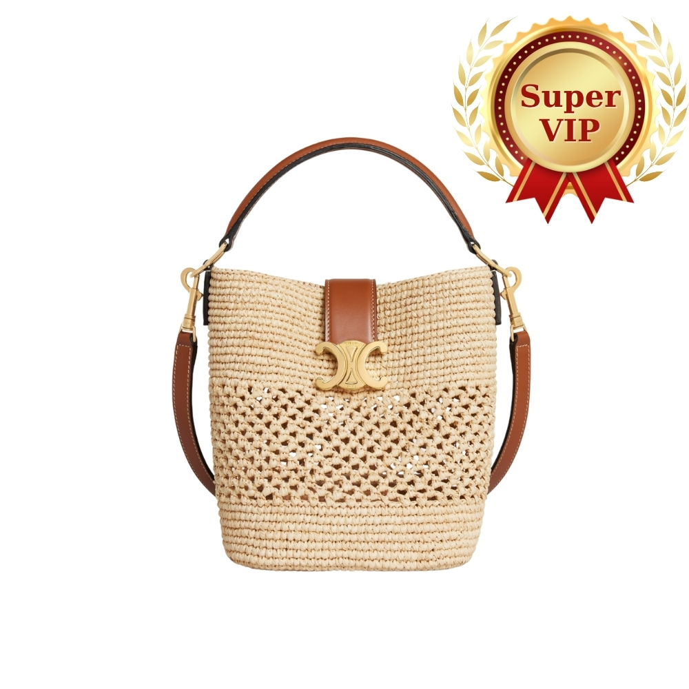 [SUPER VIP 1:1] CELINE SMALL LOUISE BUCKET IN RAFFIA NATURAL AND TAN 19CM 119742GNS 02NT