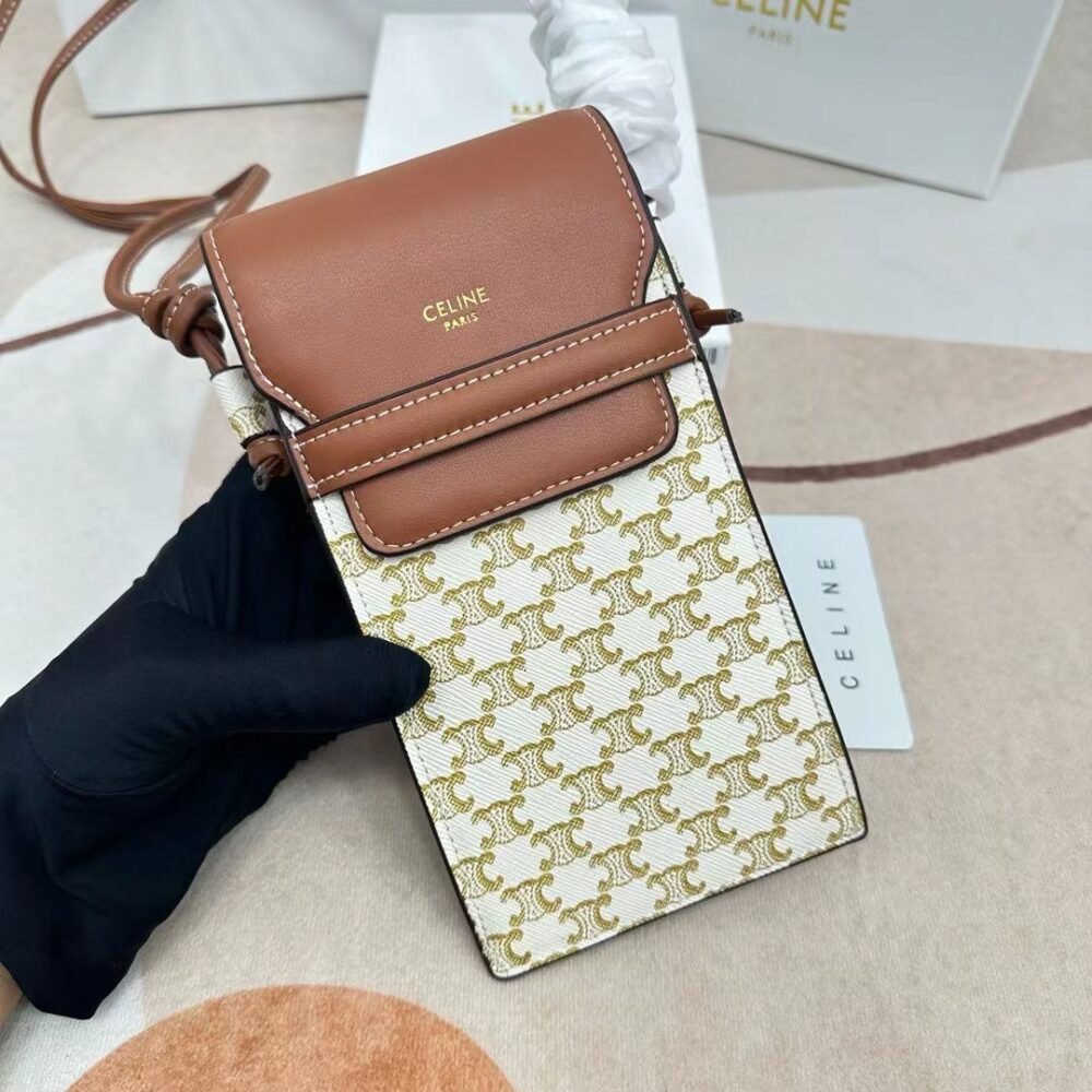 CELINE WOMEN PHONE POUCH WITH FLAP IN TRIOMPHE CANVAS AND BEIGE - Image 5