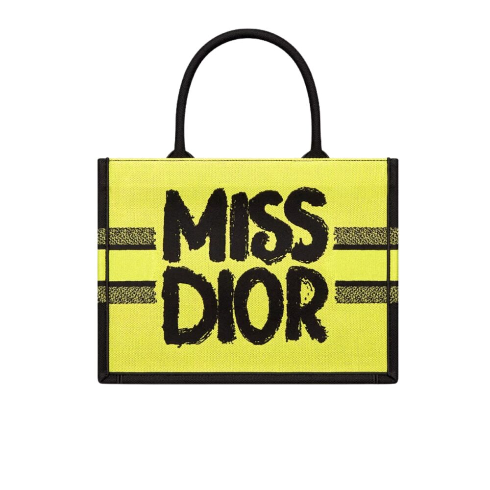 DIOR BOOK TOTE MISS DIOR GRAFFITI EMBROIDERY TWO TONE YELLOW AND BLUE 41CM