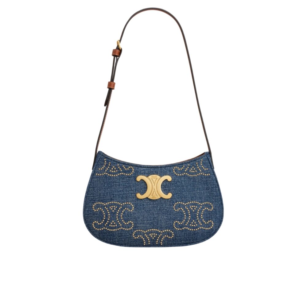 CELINE MEDIUM TILLY BAG WITH TRIOMPHE STUDS AND CALFSKIN DENIM 22CM