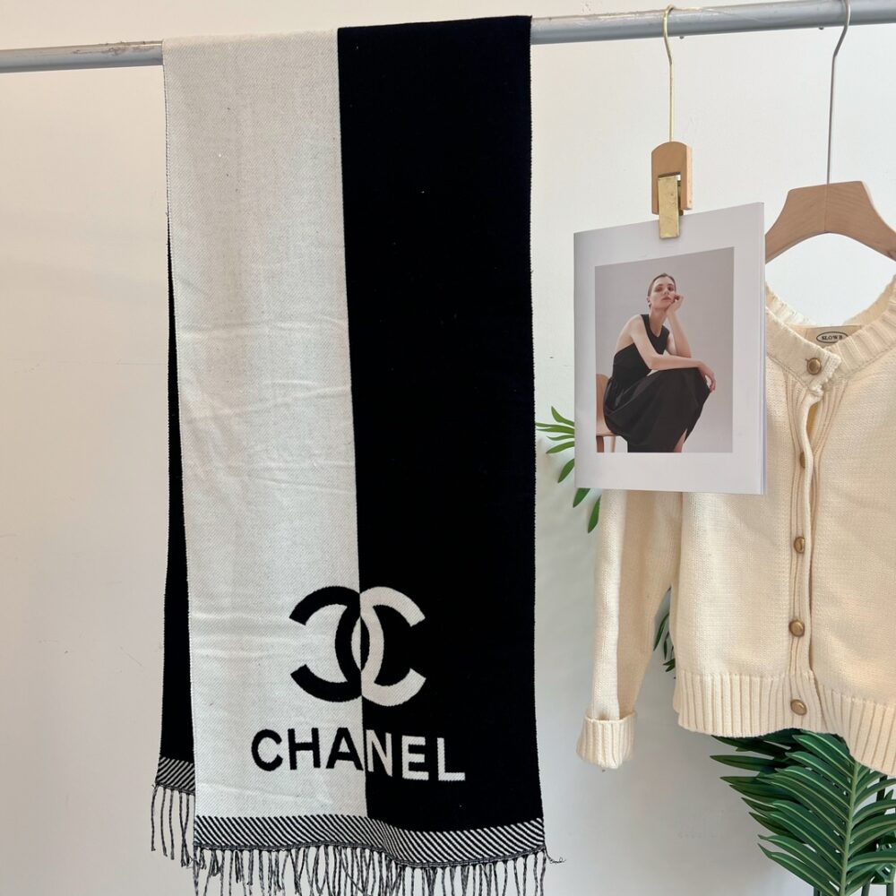 Alternative view of CHANEL LOGO CASHMERE MUFFLER SCARF BLACK AND WHITE