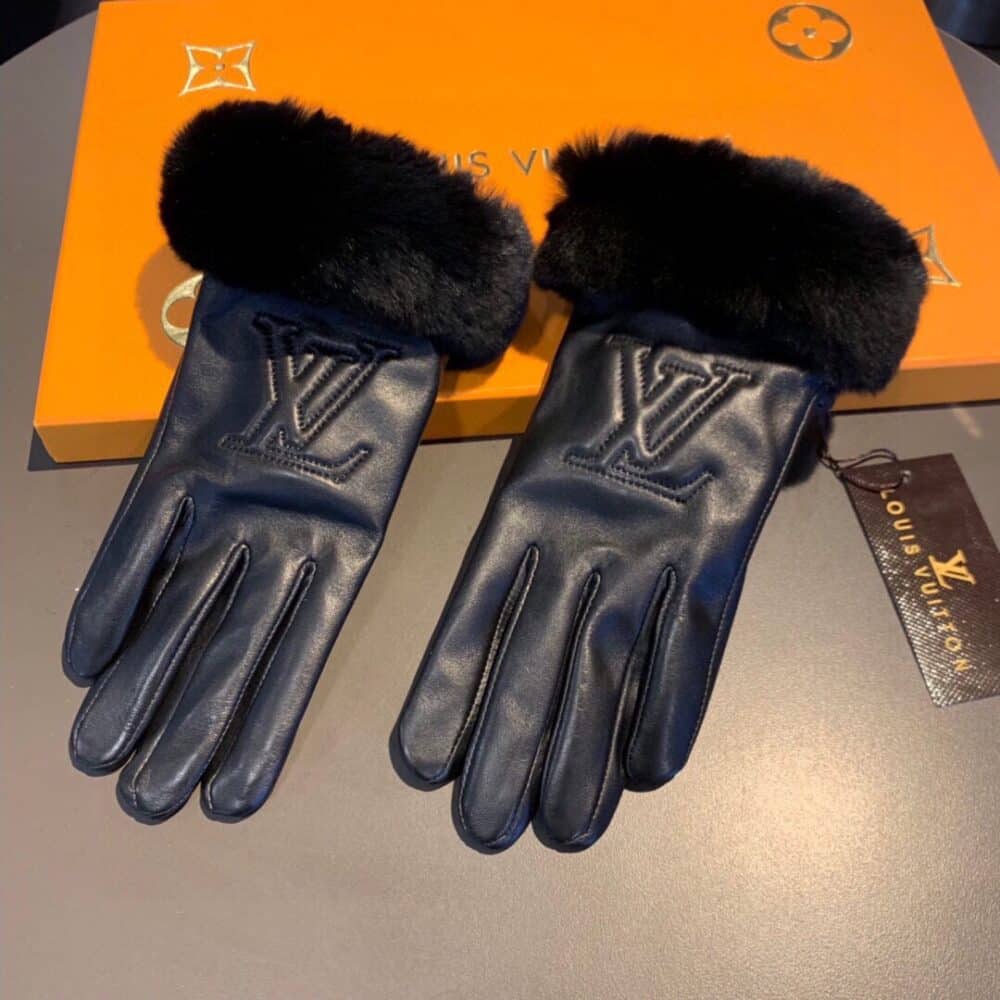 Alternative view of LOUIS VUITTON LEATHER GLOVES LV EMBROIDERY WITH FUR BLACK