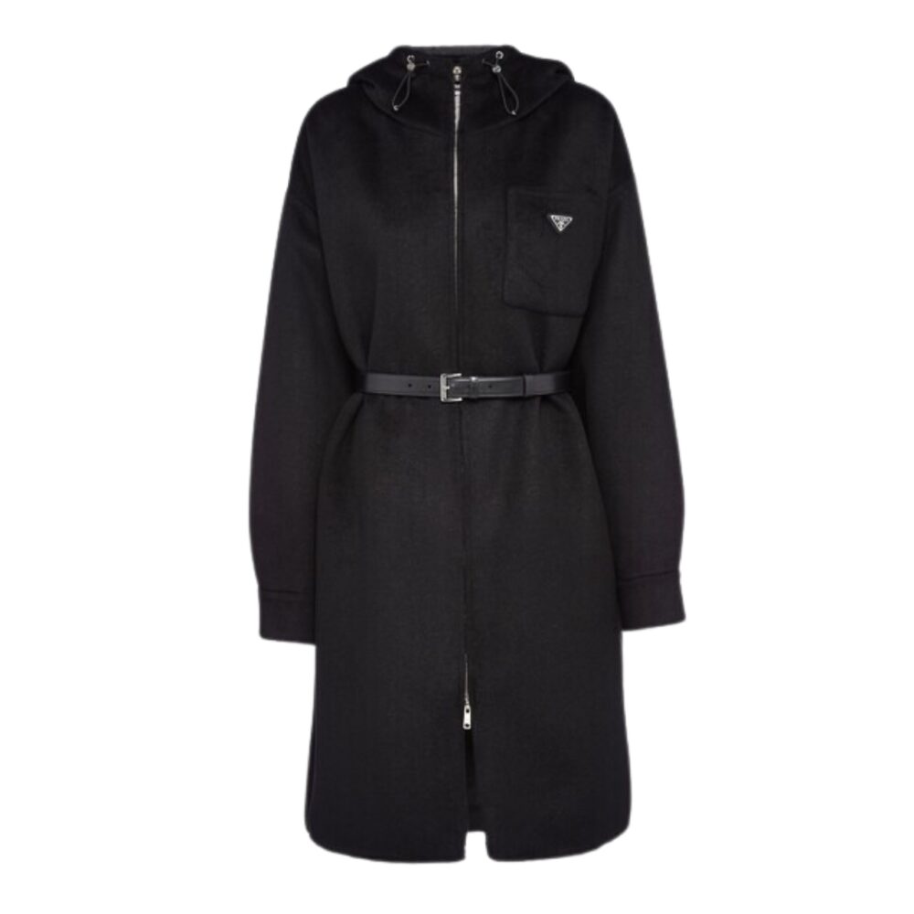 PRADA CASHGORA AND NYLON COAT NYLON BLACK